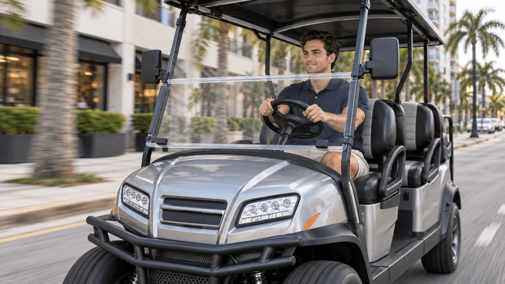 CityCarts driver at the wheel of a low-speed vehicle on a Miami street