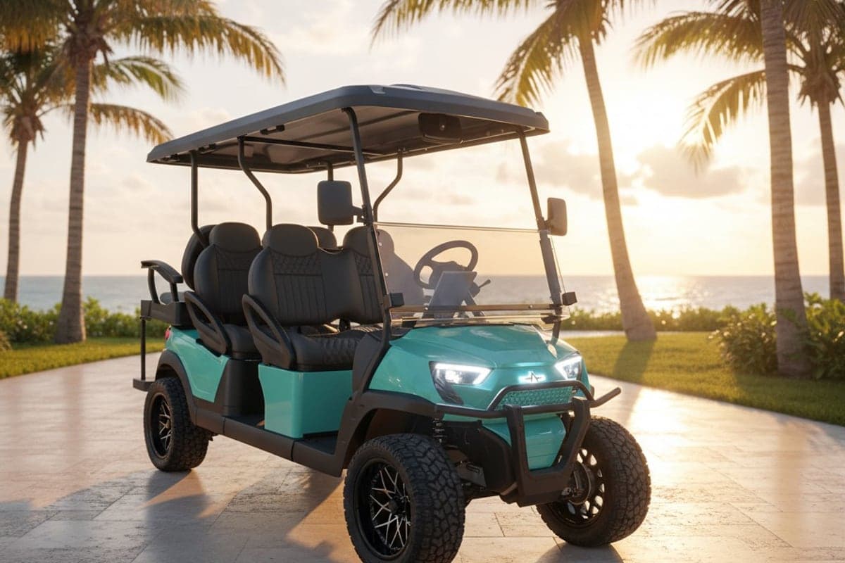 Teal golf cart under the palms at sunset