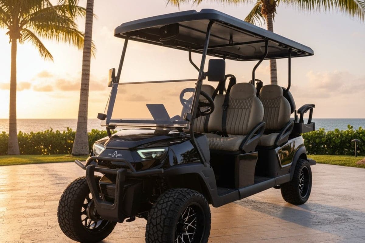 Black golf cart in front of a Miami Beach villa